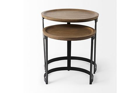 Mercana Aisley Light Brown Wood With Black Metal Base Round Nesting ... pertaining to Homeroots Set Of 2 Round Brown Solid Wood Iron Base Nesting Side Tables